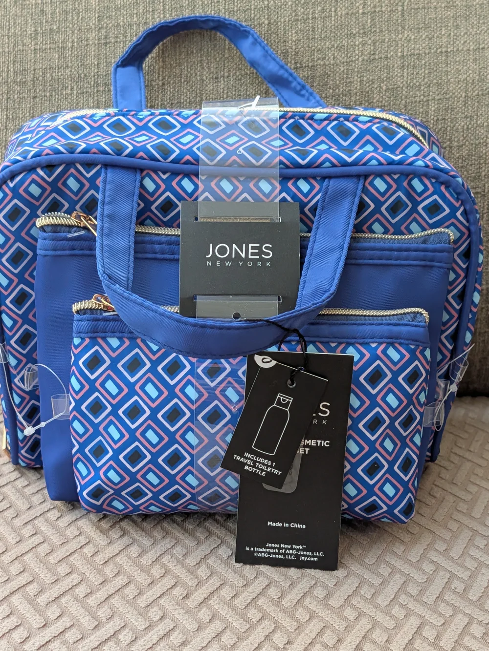 Jones New York Blue & Pink Diamond-Print Cosmetic Tote NWT